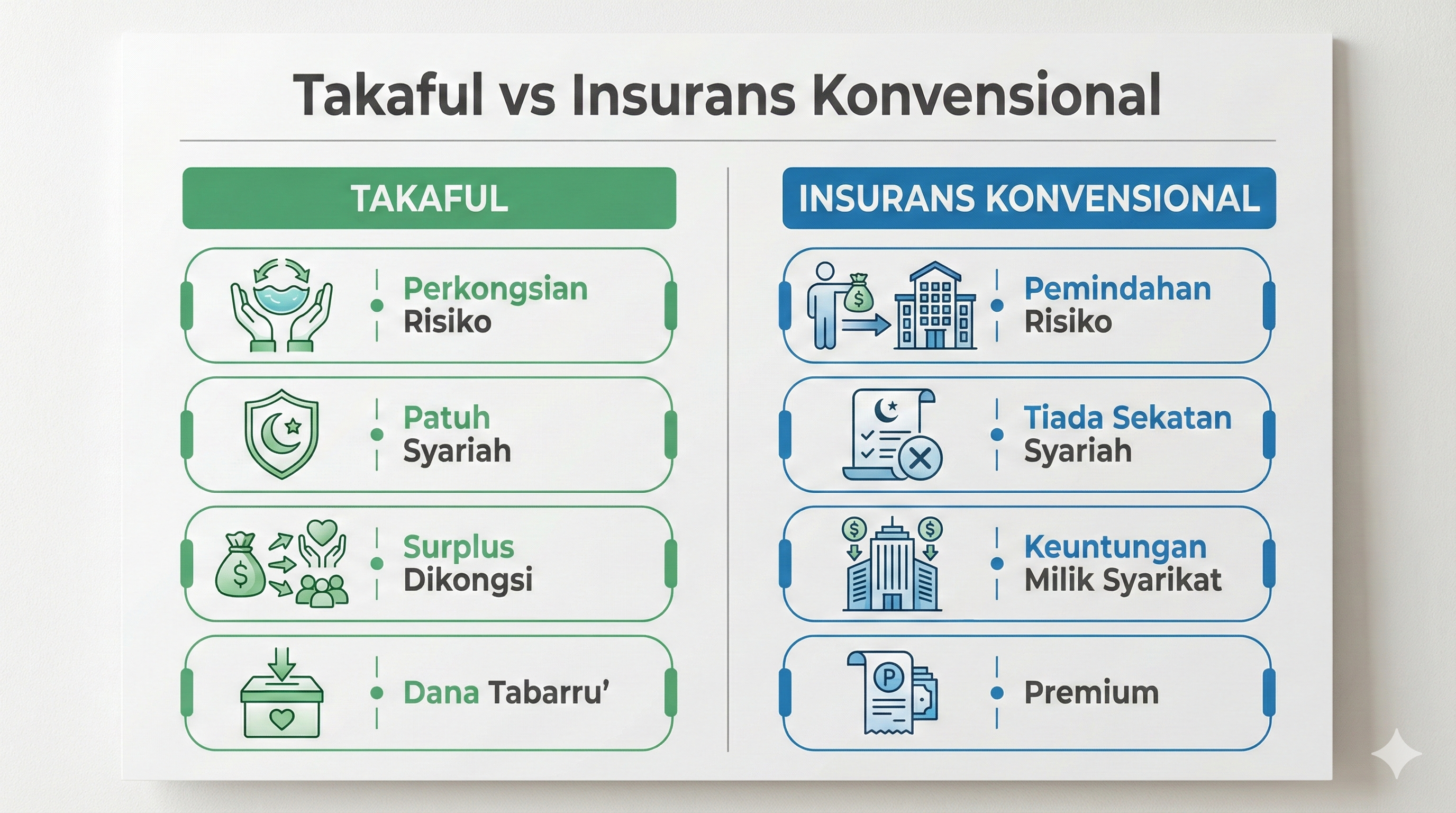 Infografik perbandingan takaful vs insurans konvensional — perbezaan utama dari segi prinsip, pelaburan, dan lebihan dana