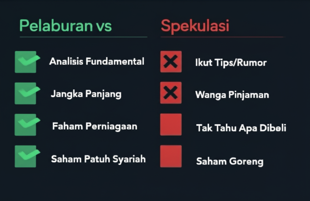 Infografik perbandingan pelaburan halal vs spekulasi yang menyamai judi dalam pasaran saham