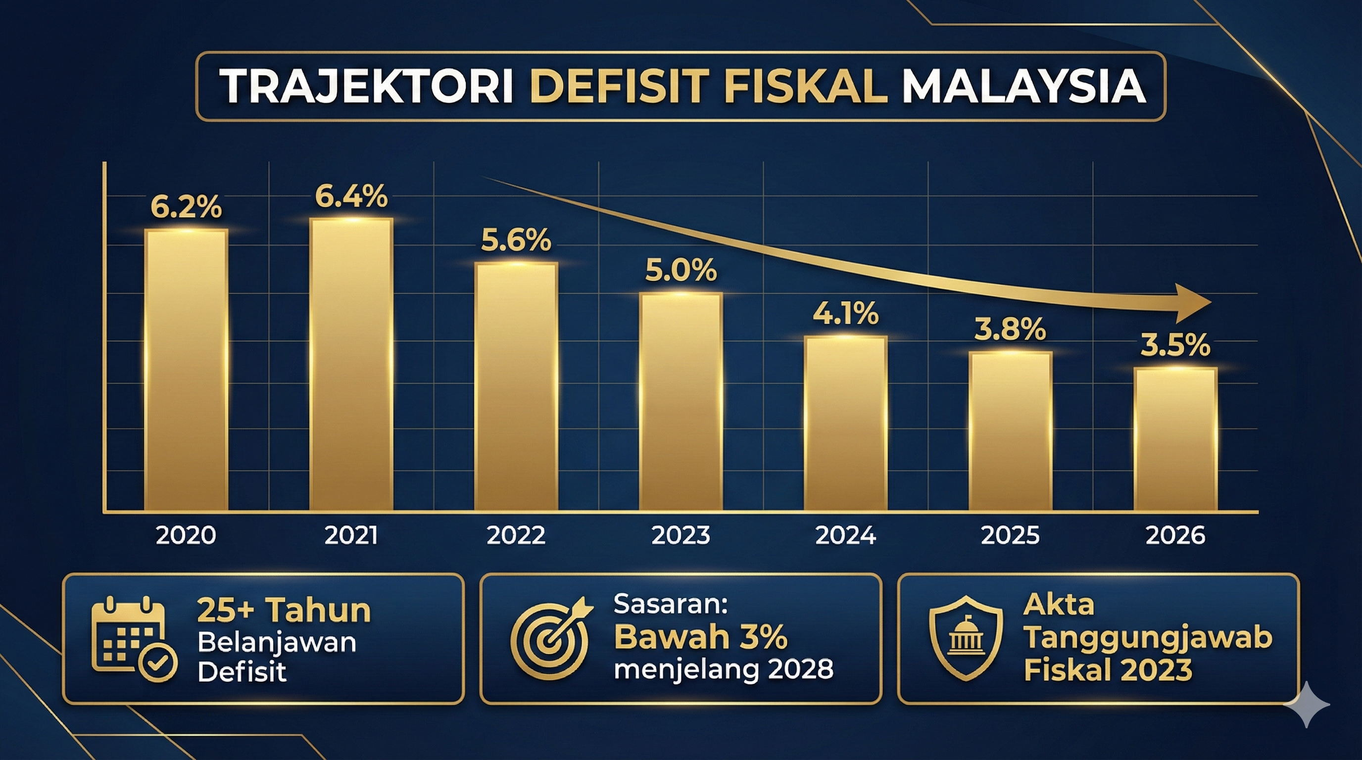 Infographic showing Malaysia fiscal deficit trajectory from 2020 to 2026 with consistent decline