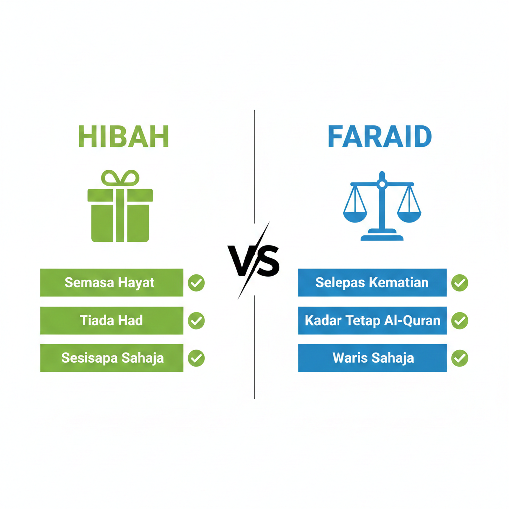Infographic comparing Hibah vs Faraid in Islamic estate planning