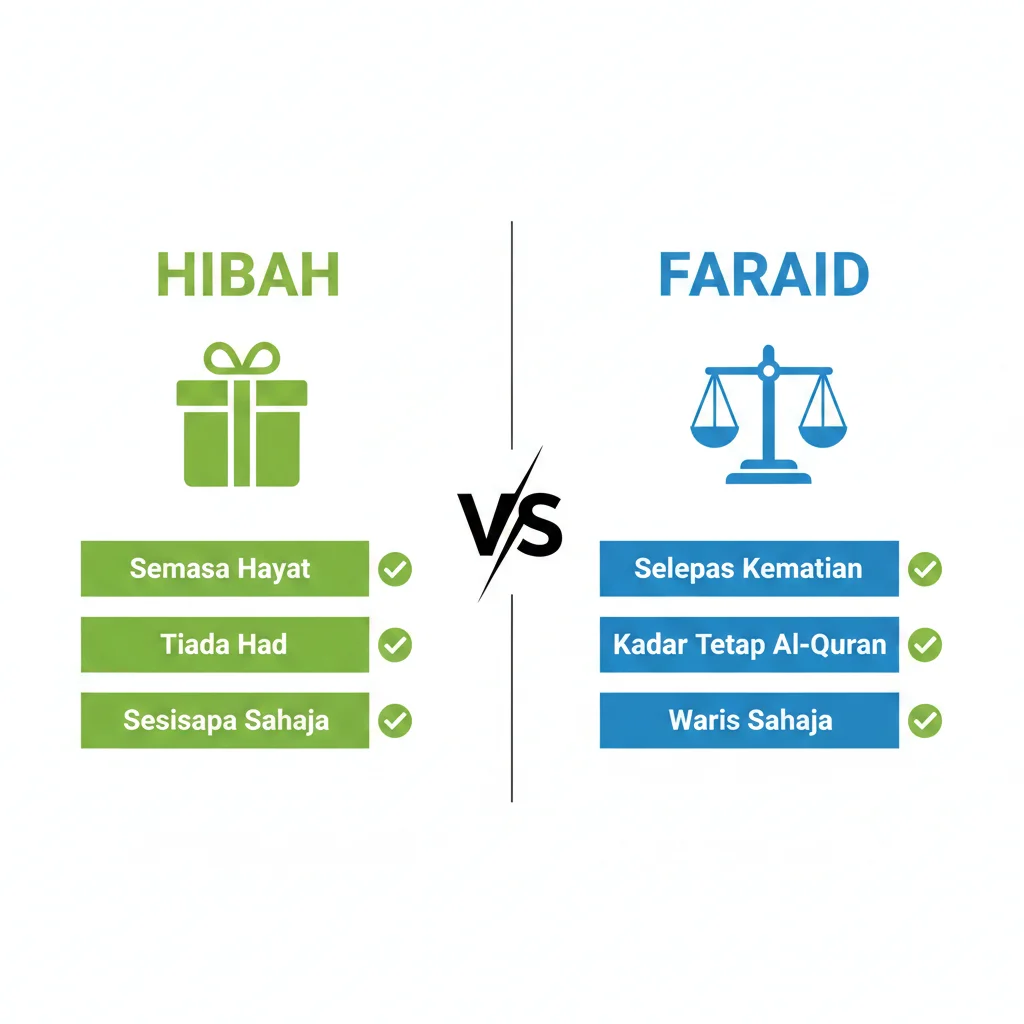 Infografik perbandingan Hibah vs Faraid dalam perancangan harta pusaka Islam