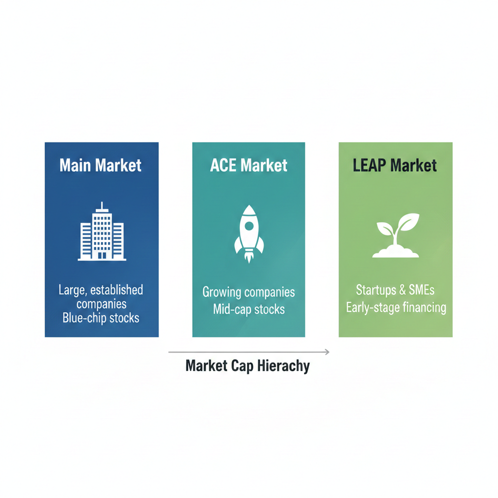 Comparison of three Bursa Malaysia market segments: Main Market, ACE Market, and LEAP Market