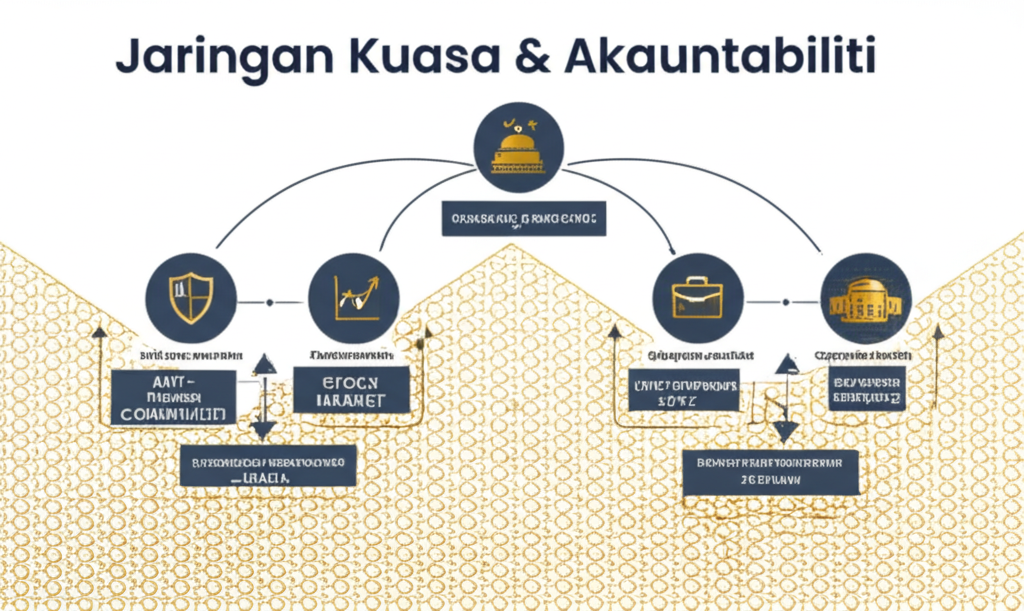 Infographic showing power and accountability networks between MACC, corporate entities, and the stock market in Malaysia