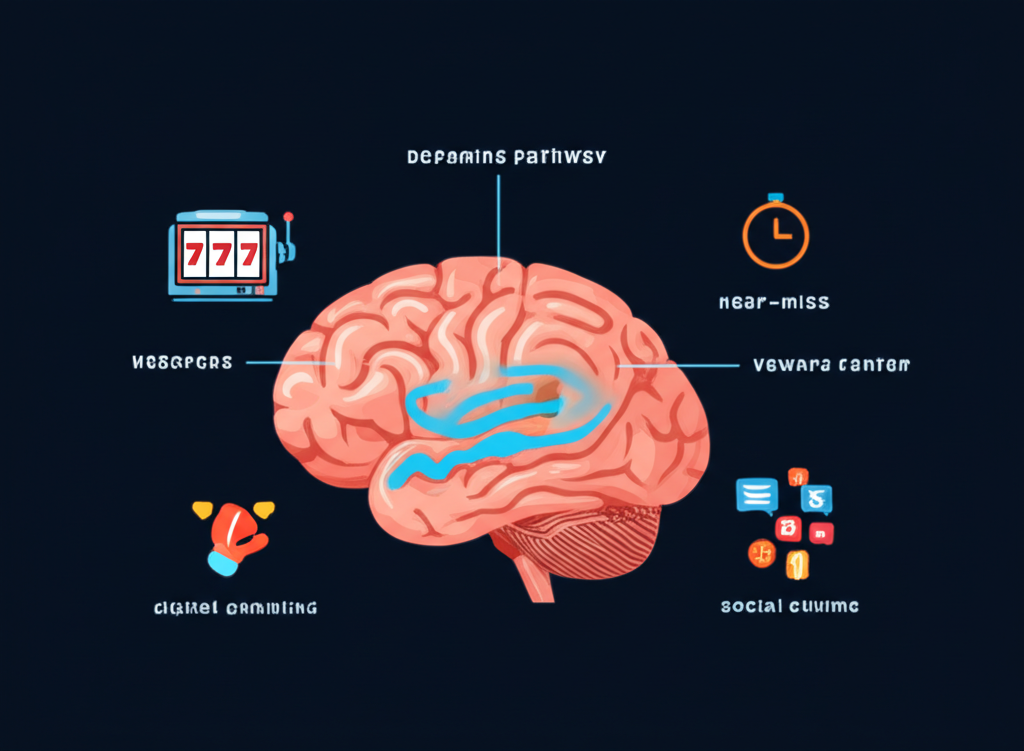 Infographic on gambling addiction psychology - how the brain is exploited by dopamine and variable ratio reinforcement mechanisms