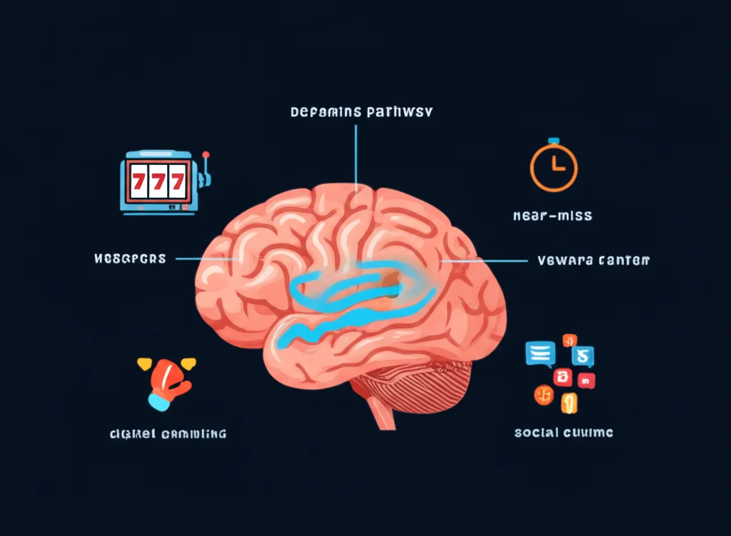 Infografik psikologi ketagihan judi - bagaimana otak dieksploitasi oleh mekanisme dopamine dan variable ratio reinforcement