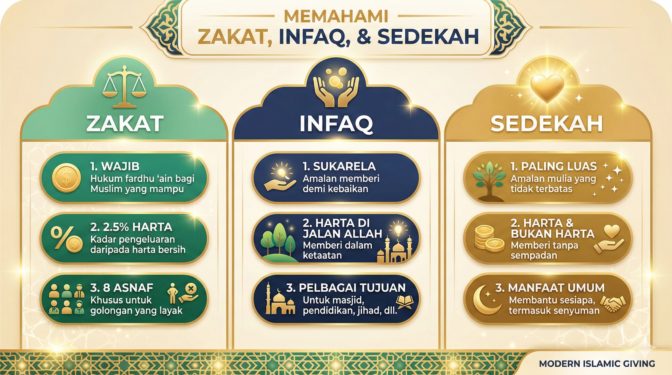 Infografik perbandingan zakat, infaq, dan sedekah dalam Islam