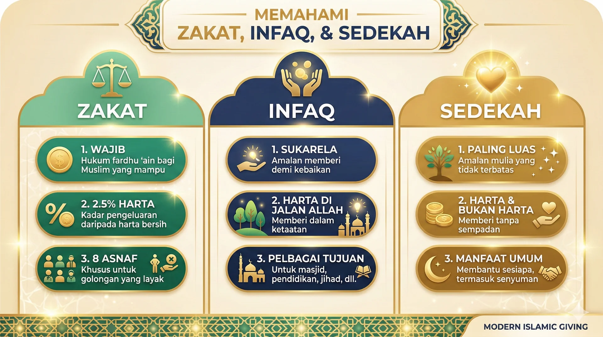 Infografik perbandingan zakat, infaq, dan sedekah dalam Islam