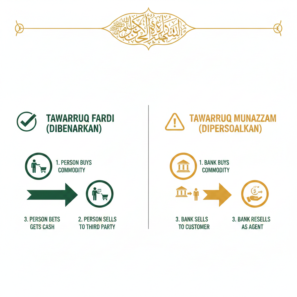 Infographic comparing Tawarruq Fardi (permissible) vs Tawarruq Munazzam (disputed) in Islamic finance