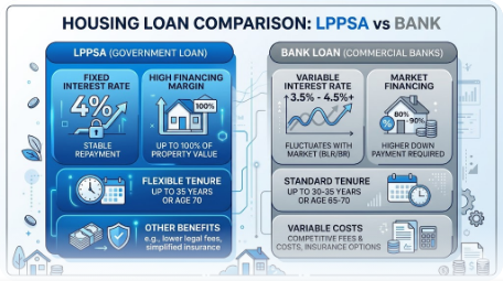 Infografik perbandingan pinjaman LPPSA vs Bank - kadar faedah, margin pembiayaan, tempoh dan kos