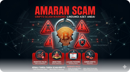Infografik amaran scam kripto menunjukkan tanda-tanda penipuan pelaburan seperti skim ponzi, phishing dan pelaburan palsu