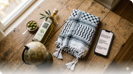 Simbol solidariti Palestin - kain keffiyeh, minyak zaitun, glob dunia dan telefon pintar memaparkan berita terkini