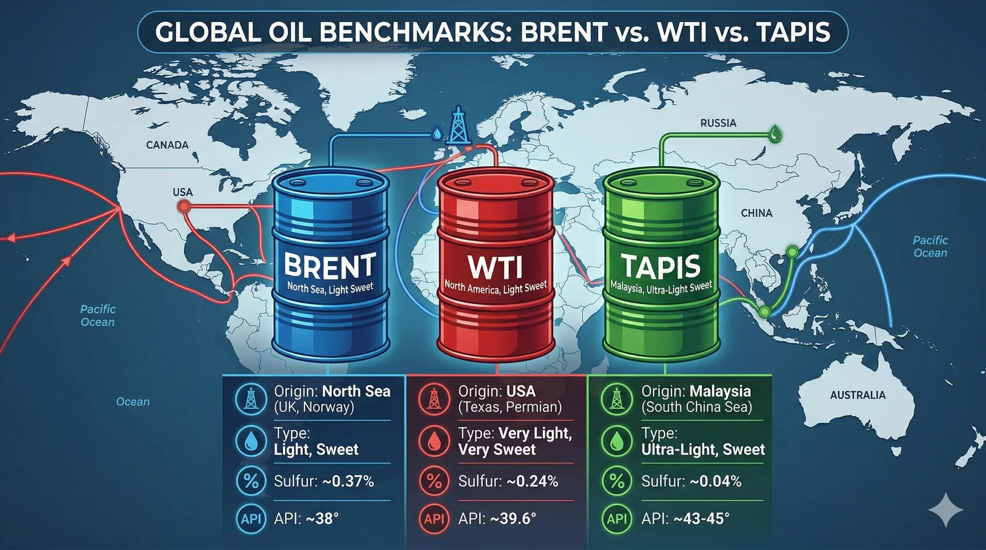 Infografik perbandingan tiga penanda aras minyak mentah dunia - Brent, WTI dan Tapis