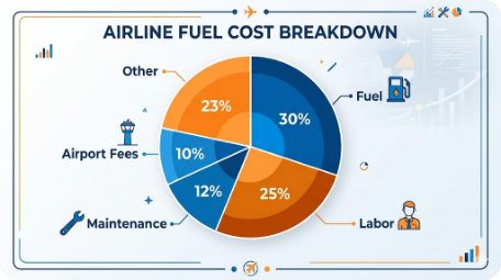 Infografik pecahan kos operasi syarikat penerbangan - bahan api jet menyumbang 30% daripada jumlah kos
