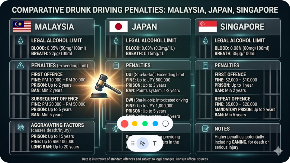 Infografik perbandingan hukuman pemandu mabuk antara Malaysia, Jepun dan Singapura