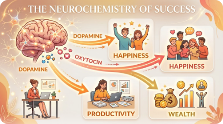 Infografik neurokimia kejayaan - hubungan dopamin dan oksitoksin dengan kebahagiaan, produktiviti dan kekayaan