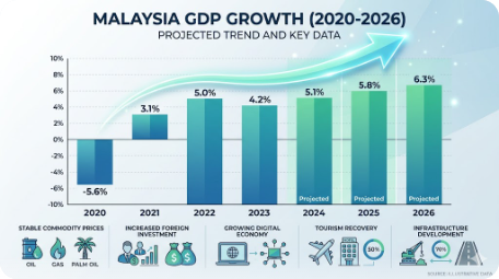 Infografik pertumbuhan KDNK Malaysia dari 2020 hingga 2026 menunjukkan trend menaik
