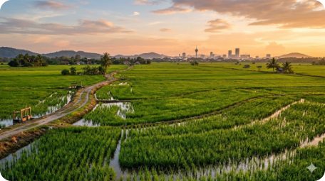 Infographic of Malaysia's food self-sufficiency levels - rice 62.6%, vegetables 45.4%, beef 14.7%, chicken 94.4%, eggs 123%