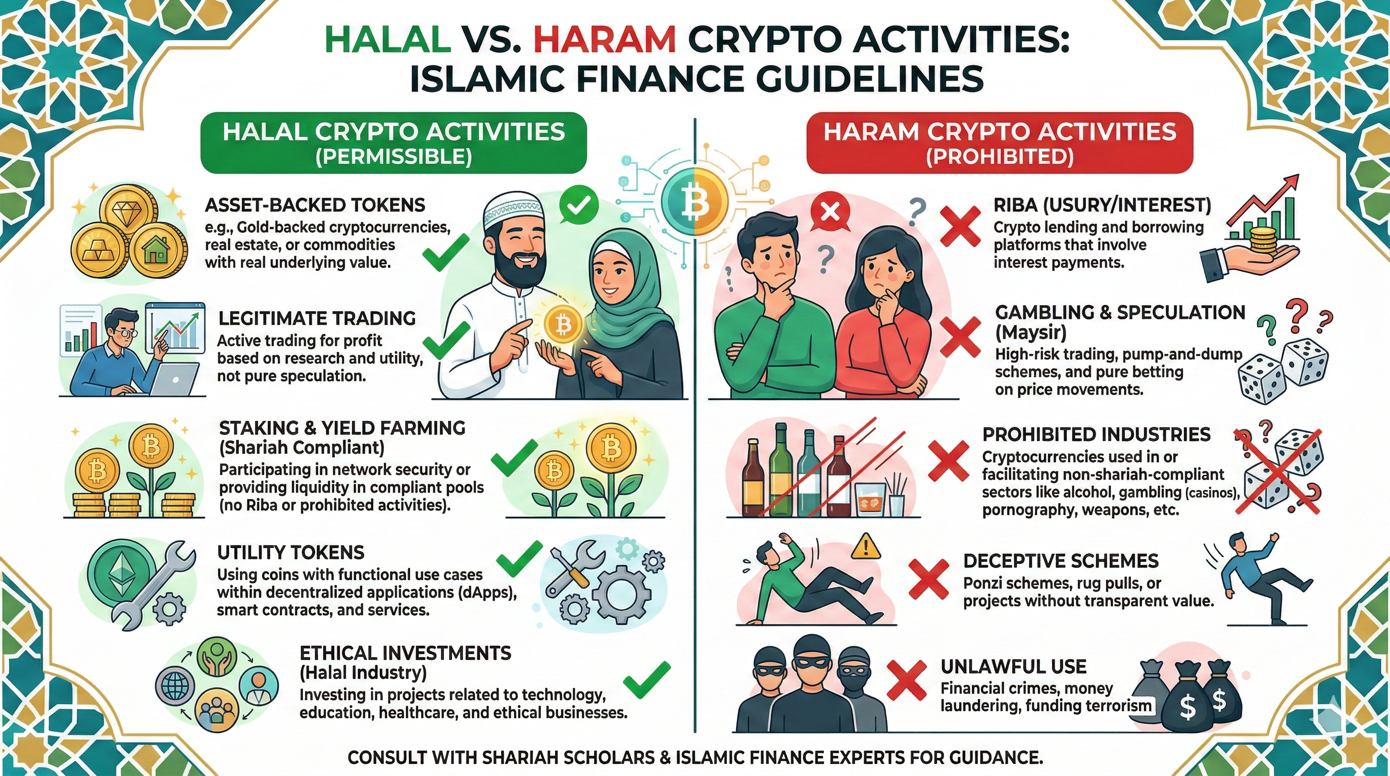 Infographic comparing halal and haram crypto activities according to Islamic finance guidelines
