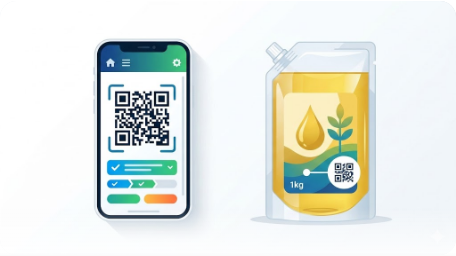 Smartphone displaying the eCOSS app with a QR code next to a 1-kilogram cooking oil packet