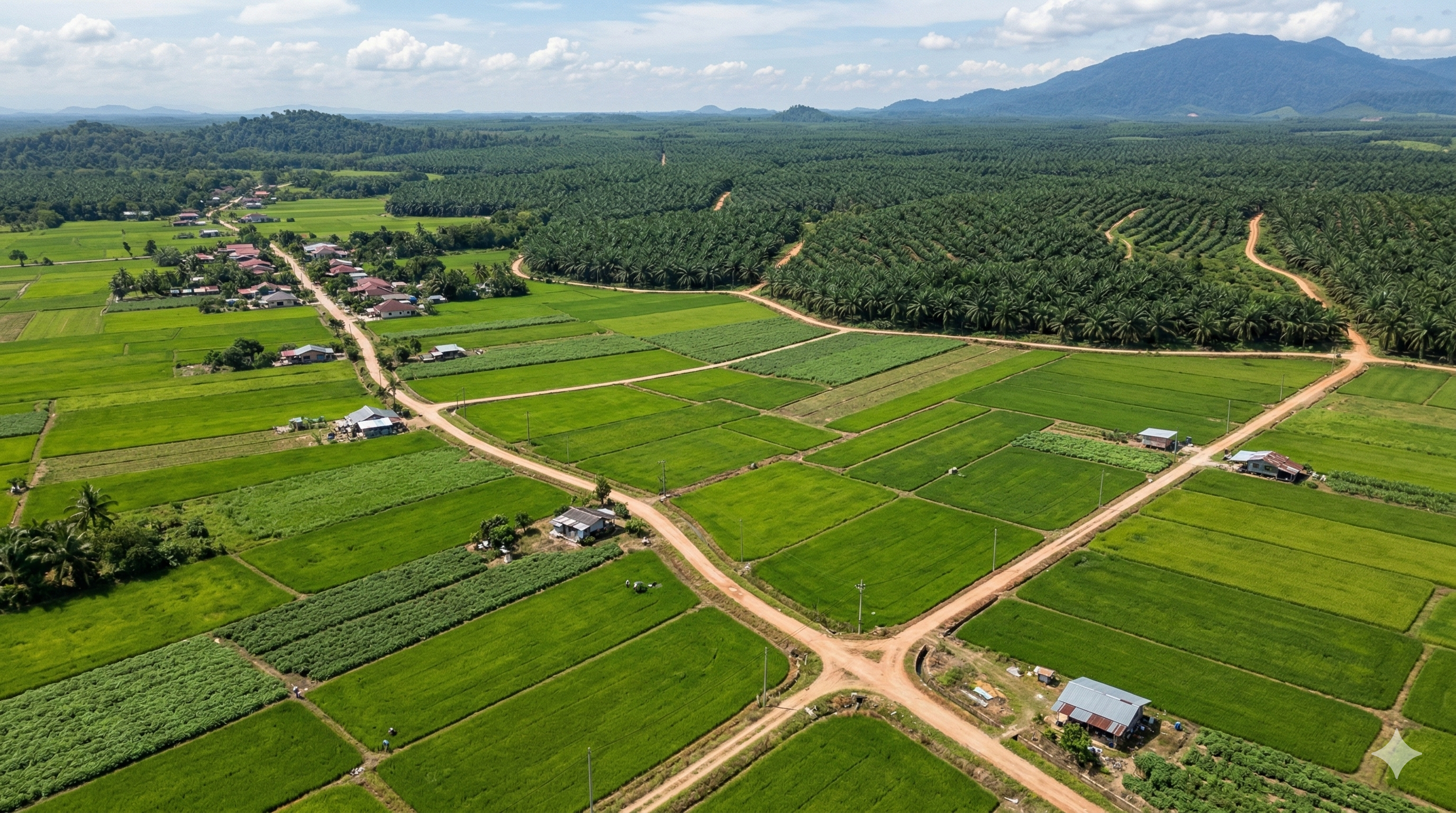 Aerial view of agricultural land and oil palm plantations in Malaysia