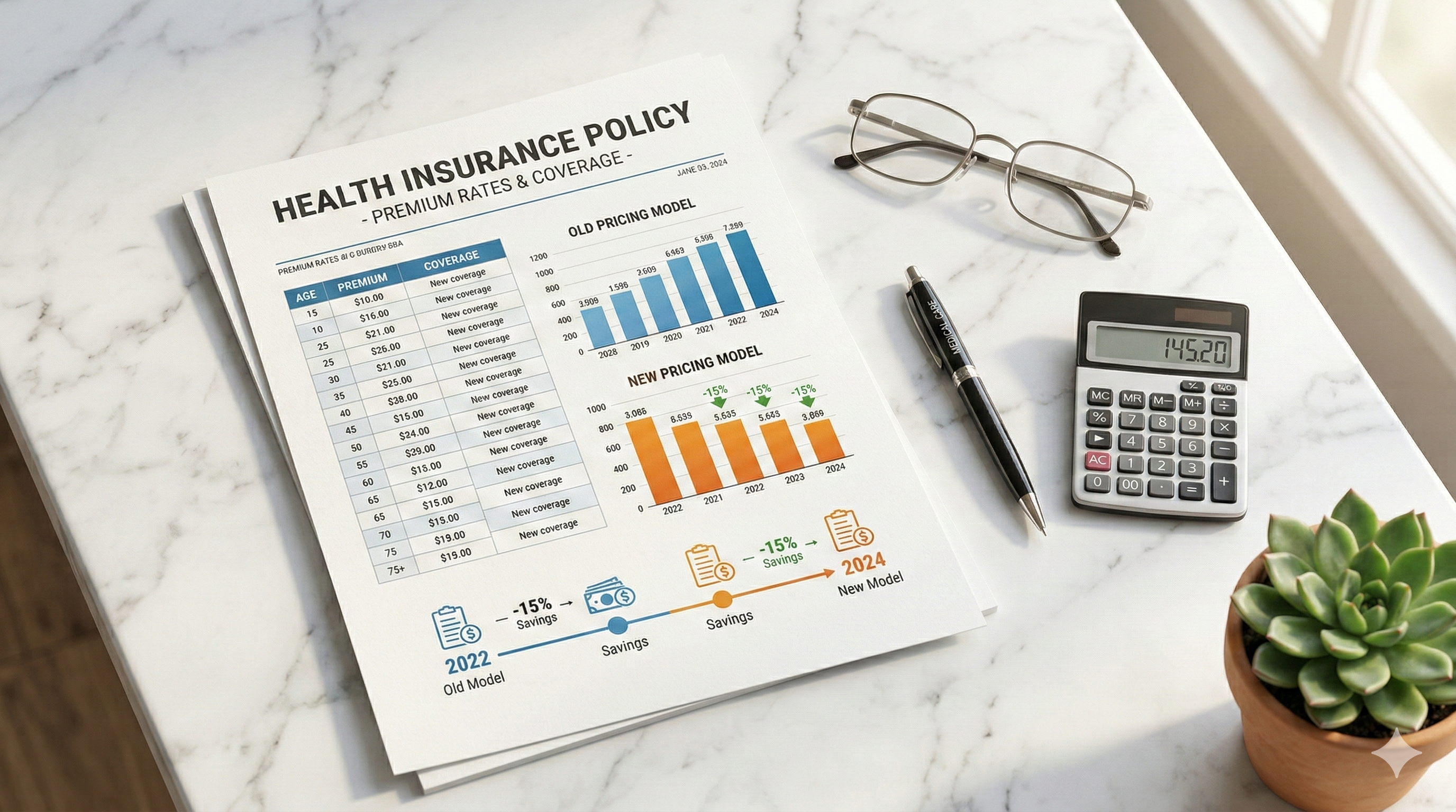 Health insurance policy document with premium rate comparison table between old and new pricing models on a white marble desk