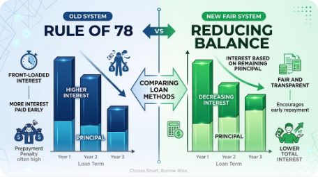 Comparison of Rule of 78 vs reducing balance interest calculation methods in hire purchase agreements