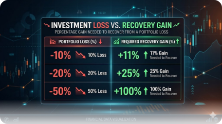 Infografik menunjukkan peratusan kerugian pelaburan berbanding gain yang diperlukan untuk recover