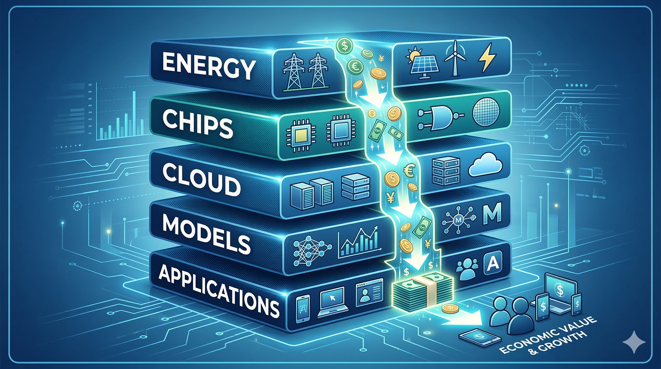Infografik 5 lapisan rantaian nilai AI - Tenaga, Cip, Awan, Model, Aplikasi dengan aliran modal ke bawah