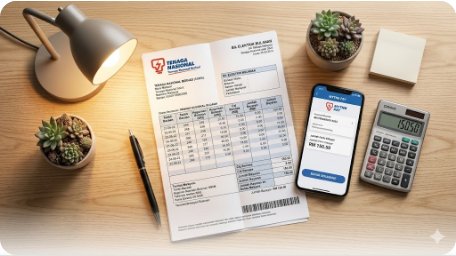 Bil elektrik TNB dengan telefon pintar dan kalkulator di atas meja