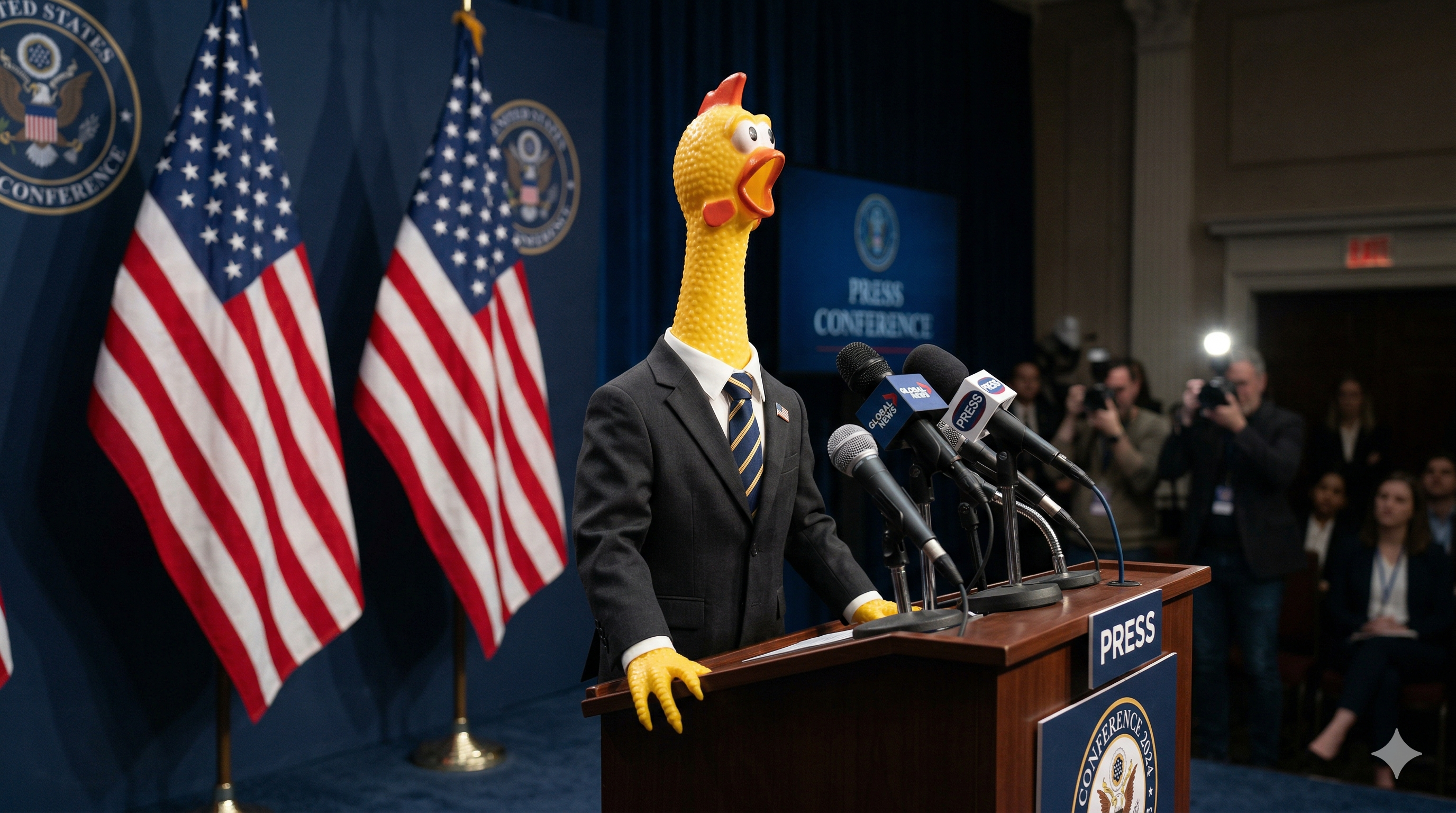 A rubber chicken in a business suit standing at a press conference podium with American flags behind it - illustrating the TACO Trump Always Chickens Out concept