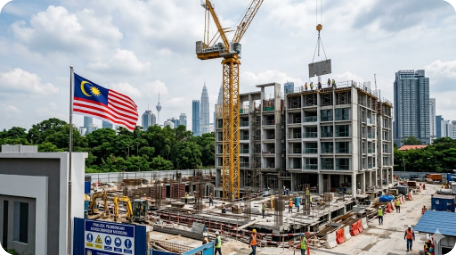 Property construction site with crane and Malaysian flag against KL skyline