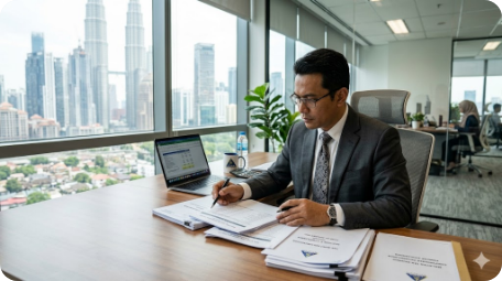 Business executive reviewing tax and levy compliance documents in modern Kuala Lumpur office with KLCC view