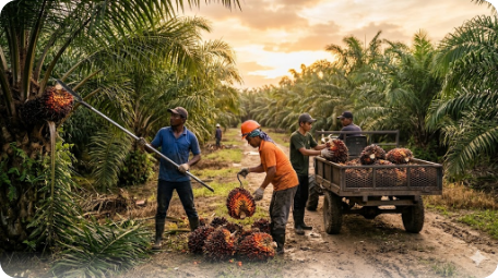 Foreign workers harvesting fresh fruit bunches in a Malaysian palm oil plantation