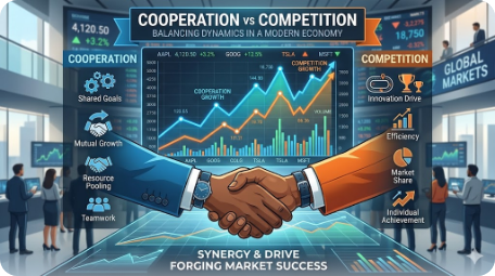 Infografik menunjukkan konsep kerjasama vs persaingan dalam game theory dengan graf pasaran saham di latar belakang
