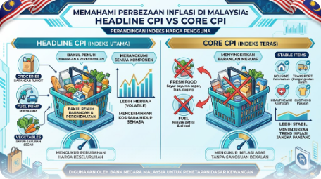 Infographic comparing Core CPI (Inflasi Teras) and Headline CPI (Inflasi Keseluruhan) in Malaysia