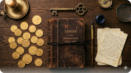 Syiling emas, buku lejar kulit, dan kunci gangsa di atas meja kayu - simbol kekayaan generasi