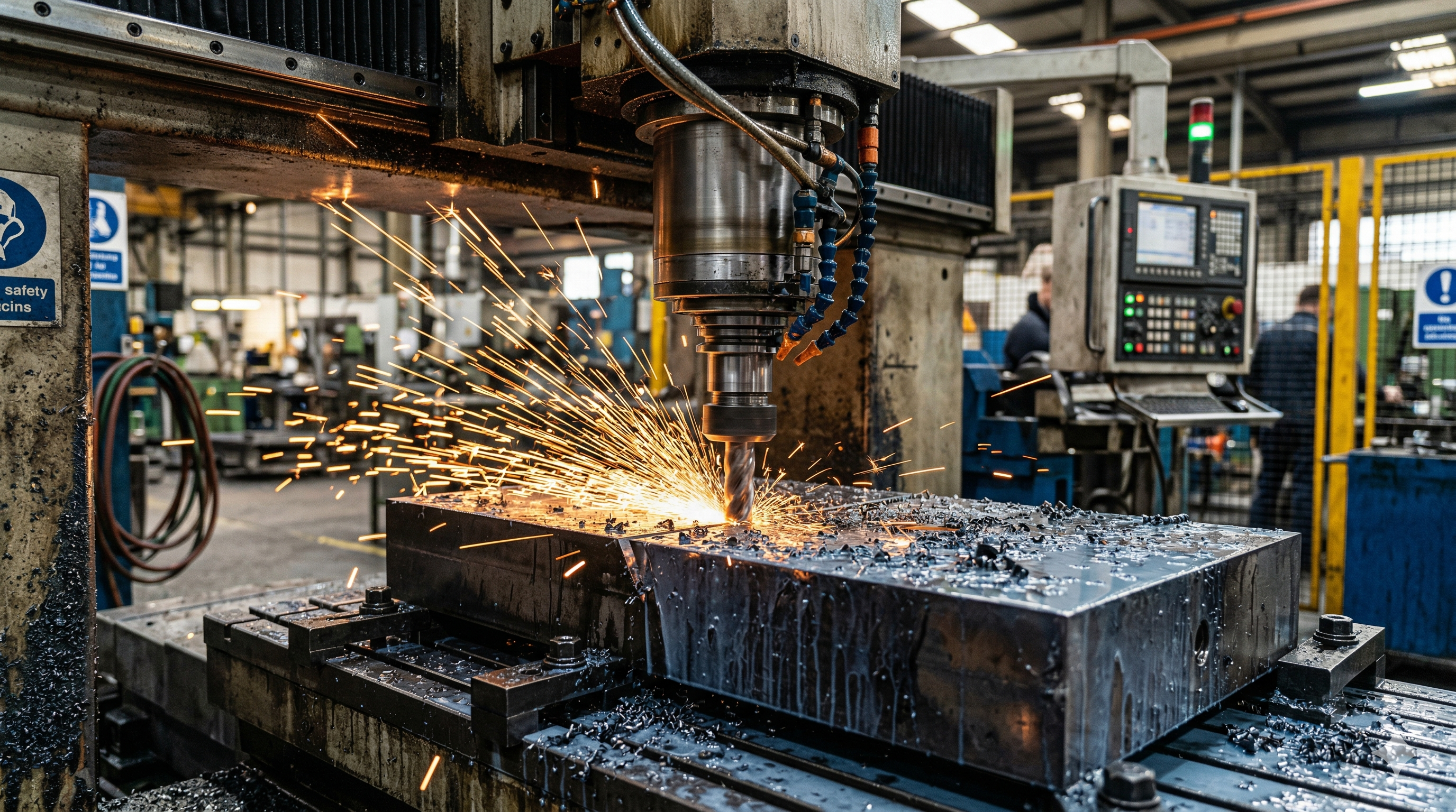 Mesin CNC dalam operasi precision machining di kilang kejuruteraan, menggambarkan segmen pembuatan teras Kobay Technology