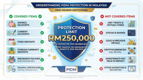 Infografik perlindungan PIDM Malaysia - senarai produk yang dilindungi dan tidak dilindungi dengan had RM250,000