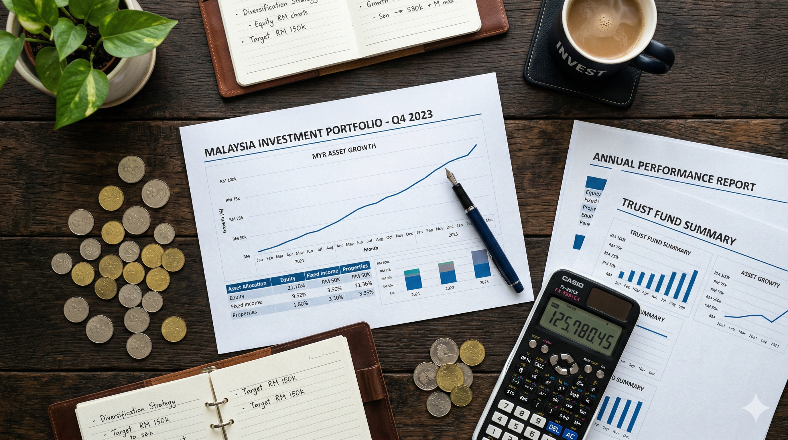 Dokumen portfolio pelaburan Malaysia dengan carta pertumbuhan aset dan duit syiling ringgit