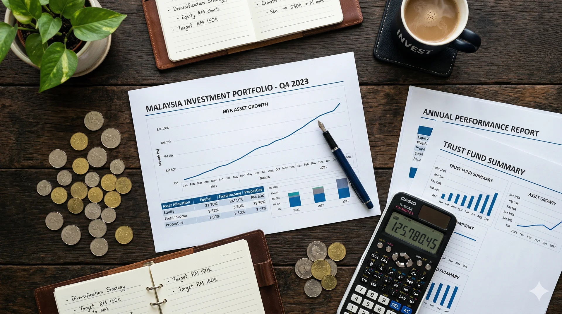 Malaysia investment portfolio document with asset growth chart and ringgit coins