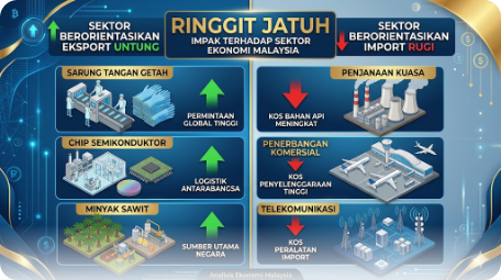 Infografik sektor saham Bursa Malaysia yang untung dan rugi bila Ringgit jatuh
