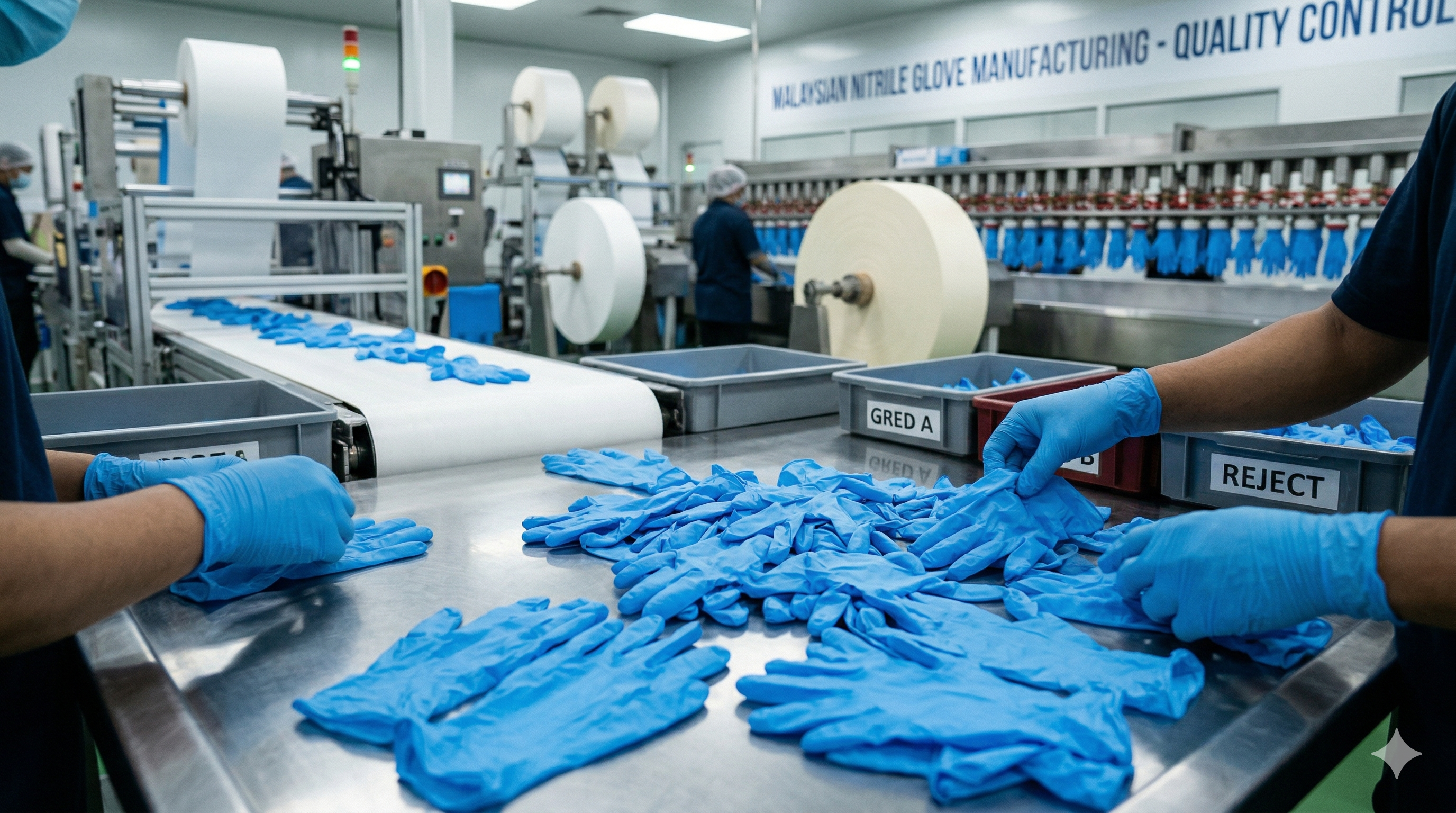 Close-up of gloved hands sorting nitrile rubber gloves in a clean Malaysian factory setting