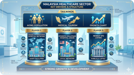 Infografik sektor healthcare Bursa Malaysia - 3 pemain utama dan tailwinds aging population, medical tourism, growth