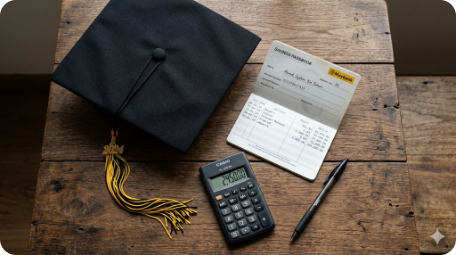 Flat lay pendidikan anak: topi graduasi, buku simpanan, kalkulator, dan buku teks sekolah di atas meja kayu