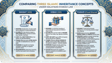 Infographic comparing wasiat, hibah, and faraid under Malaysian Syariah law