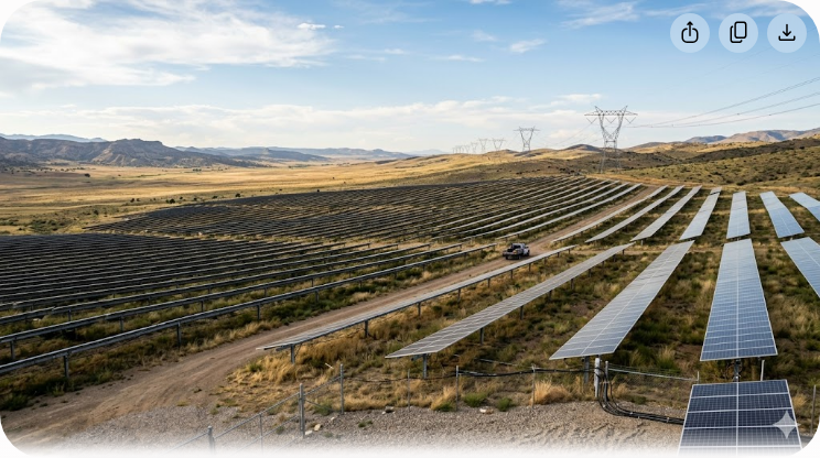 Solar panel farm with electrical grid pylons in the distance representing renewable energy + grid integration