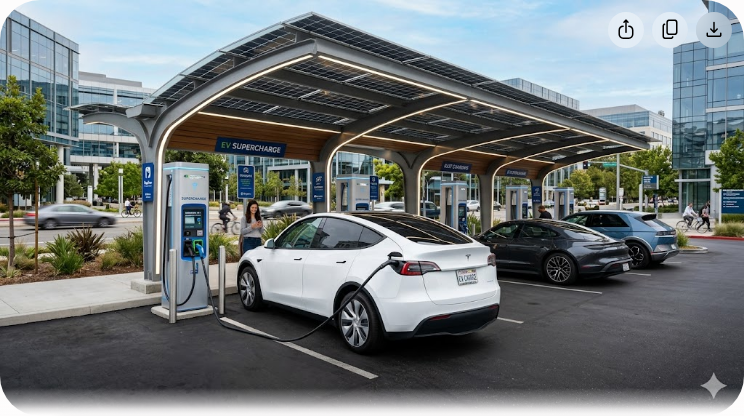 Modern EV charging station with solar canopy showing electric vehicle plugged in