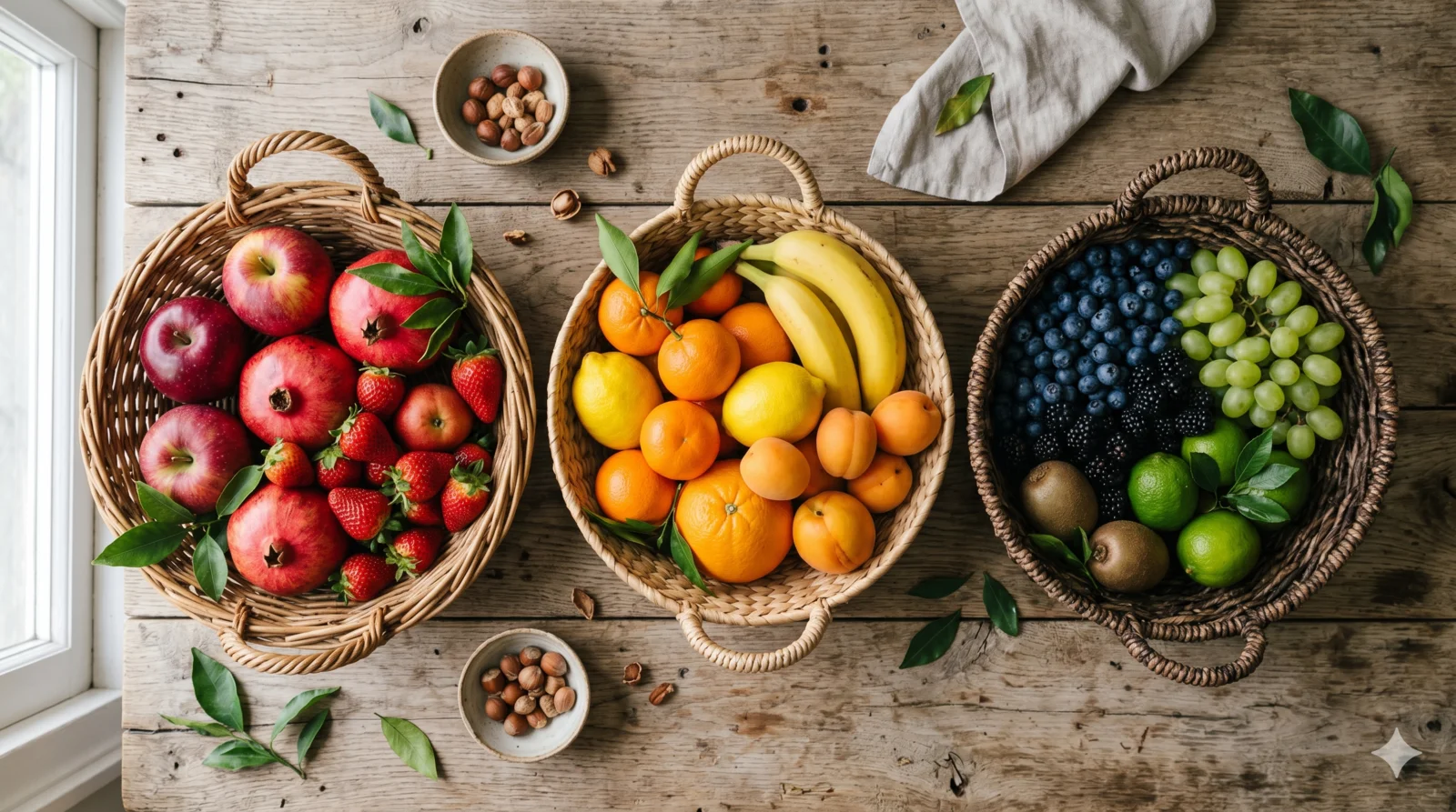 Tiga bakul anyaman diisi dengan buah-buahan berlainan warna dan jenis - metafora diversifikasi portfolio