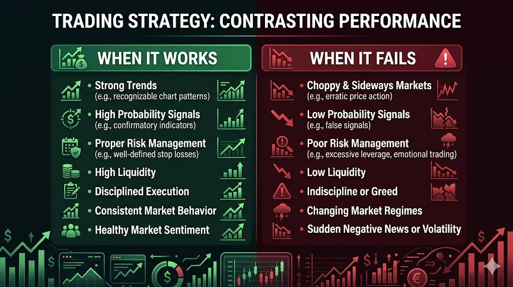 Infografik perbandingan bila strategi trading berfungsi berbanding bila ia gagal