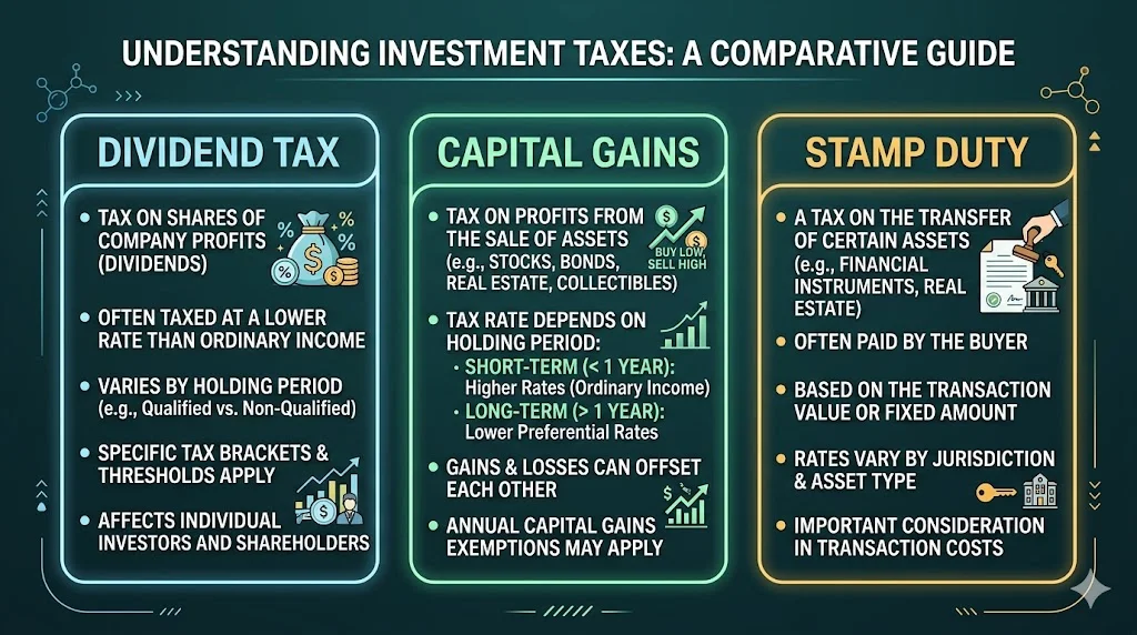Visual summary of stock investor taxes in Malaysia: dividend tax, capital gains, stamp duty